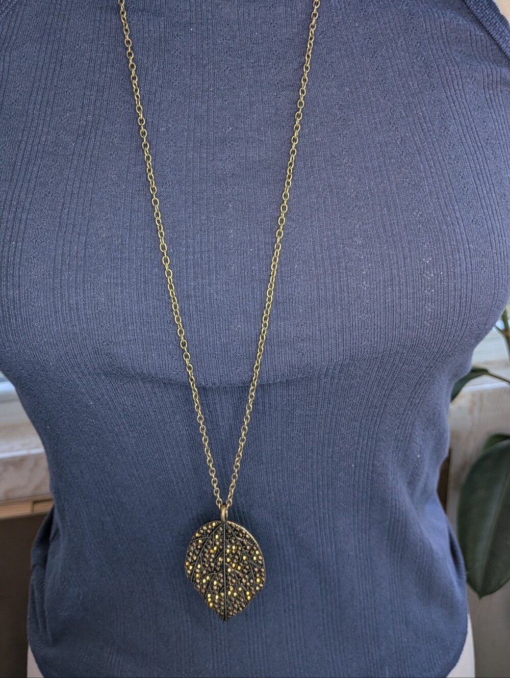 Antique Brass Long Leaf Pendant Necklace Copper Amber Rhinestones Boho
